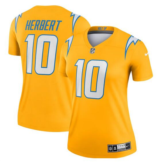 Women's Los Angeles Chargers #10 Justin Herbert Gold Stitched Football Jersey(Run Small)